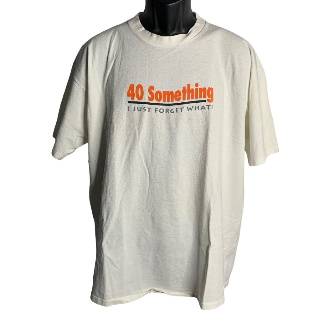 Vintage 90s 40 Something Crewneck T Shirt XL White Single Stitch Short Sleeves